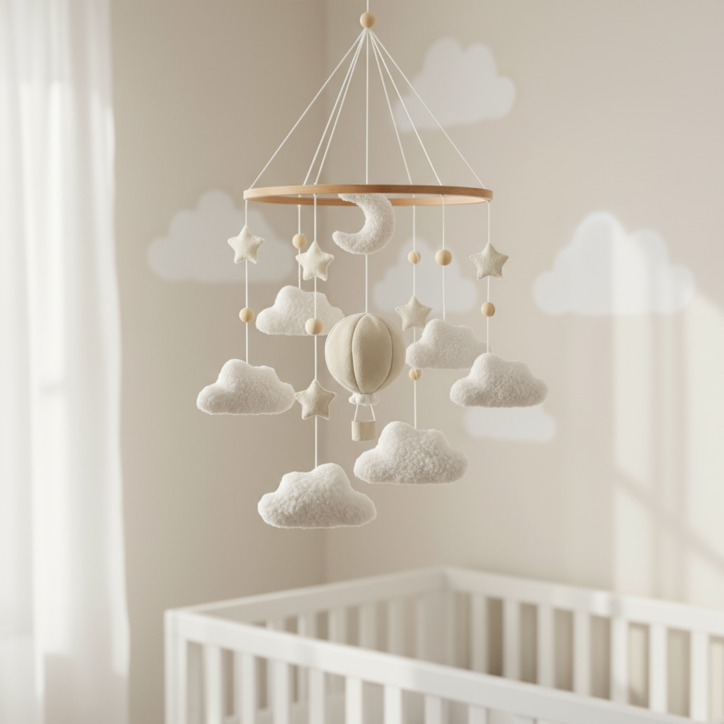 - Starry Night Bouclé Baby Mobile – Cream & Ivory Nursery Décor Baby Stork