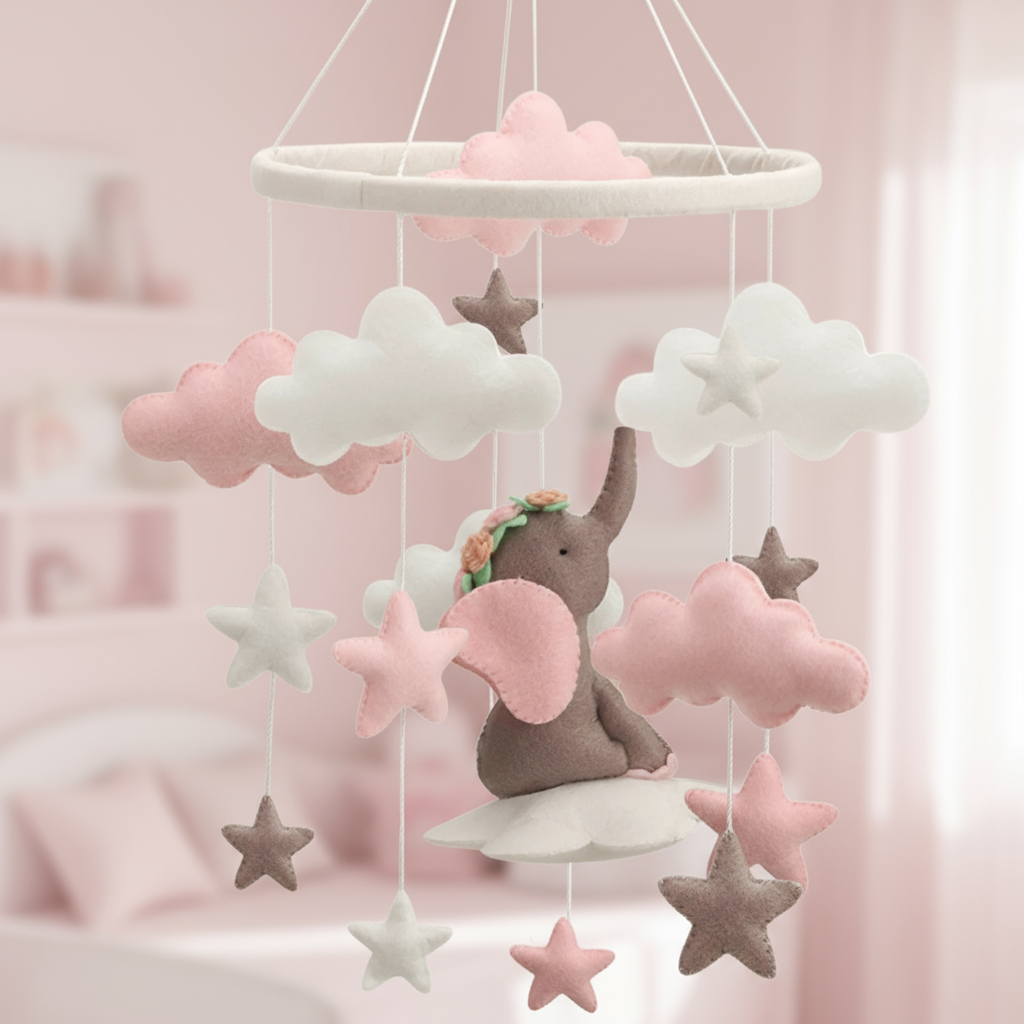 - Pink Elephant Cloud Baby Mobile – Whimsical Nursery Décor Baby Stork