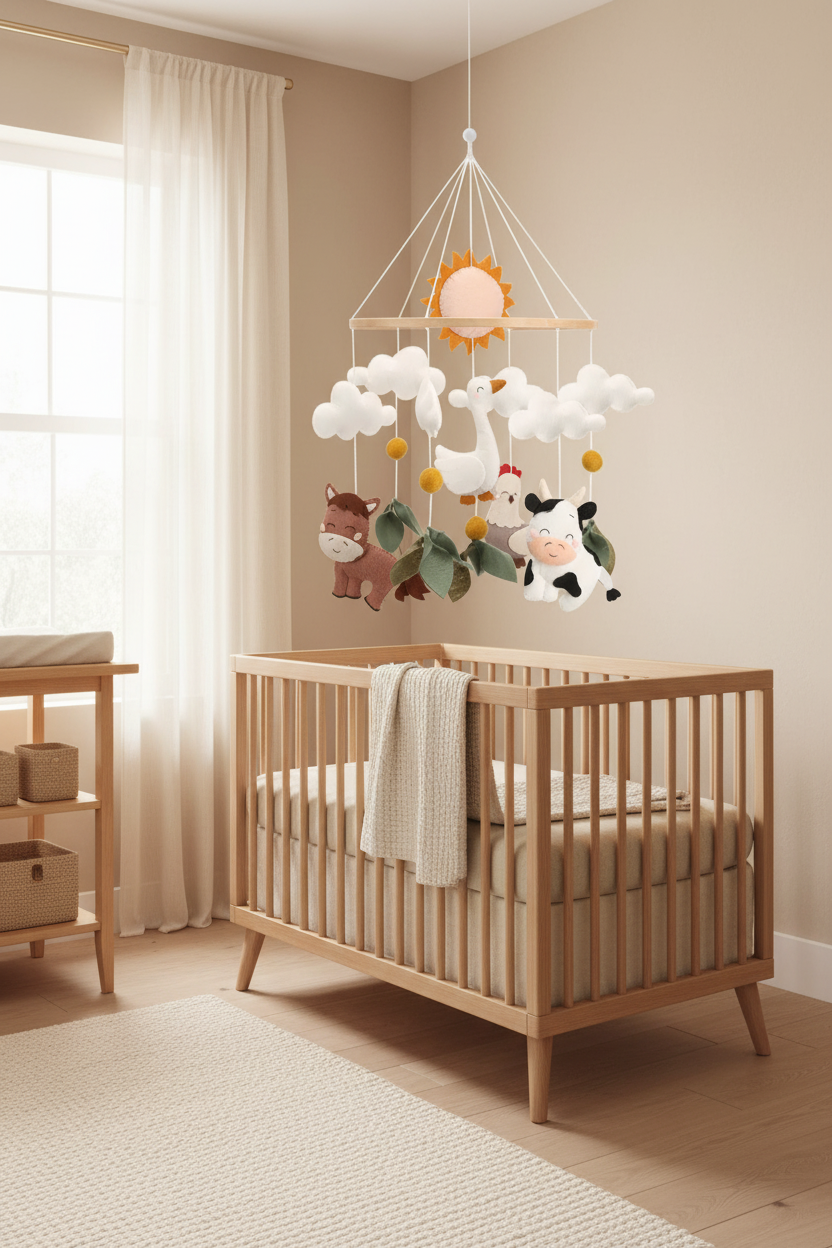 Farm Animals Baby Mobile | Cow Horse Goose &amp; Chicken Nursery Mobile