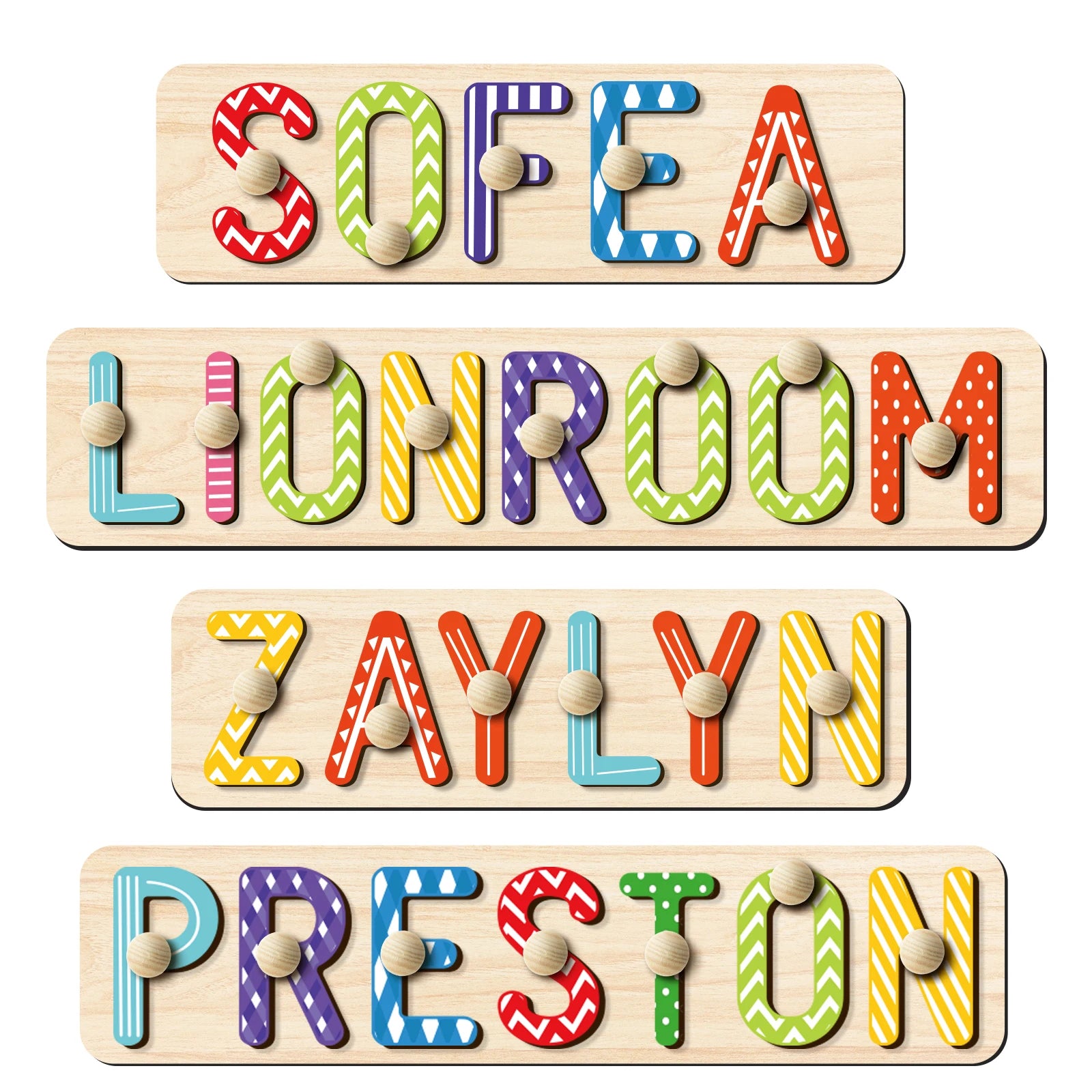 - Custom Wooden Name Puzzle with Pegs – Colourful Letters Baby Stork