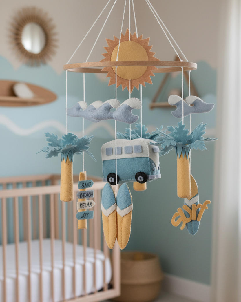 Surf Baby Mobile | Beach &amp; Ocean Nursery Mobile with Kombi Van and Surfboards