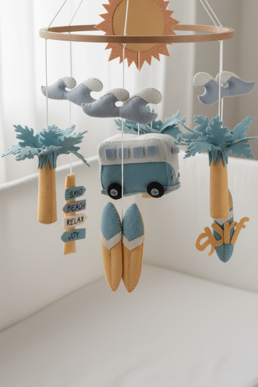 Surf Baby Mobile | Beach &amp; Ocean Nursery Mobile with Kombi Van and Surfboards