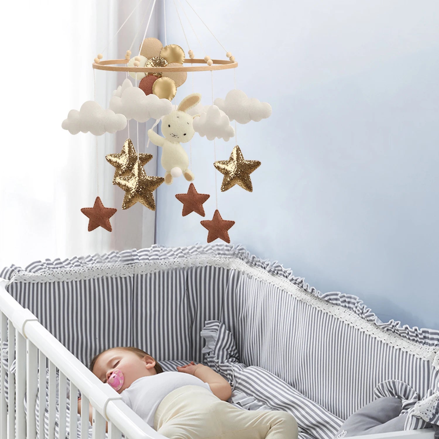 - Bunny & Stars BOHO Baby Mobile – White Clouds, Gold & Brown Stars Baby Stork