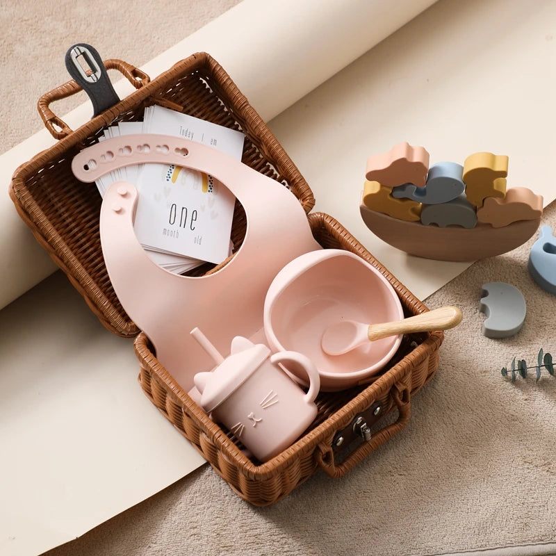 - Premium Baby Keepsake Hamper | Wicker Case, Silicone Feeding Set, Stacking Toy & Milestone Cards Gift Box Baby Stork Gifting