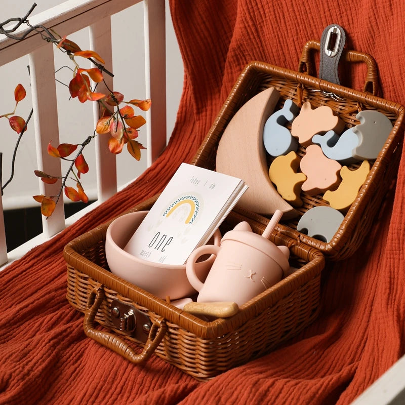 - Premium Baby Keepsake Hamper | Wicker Case, Silicone Feeding Set, Stacking Toy & Milestone Cards Gift Box Baby Stork Gifting
