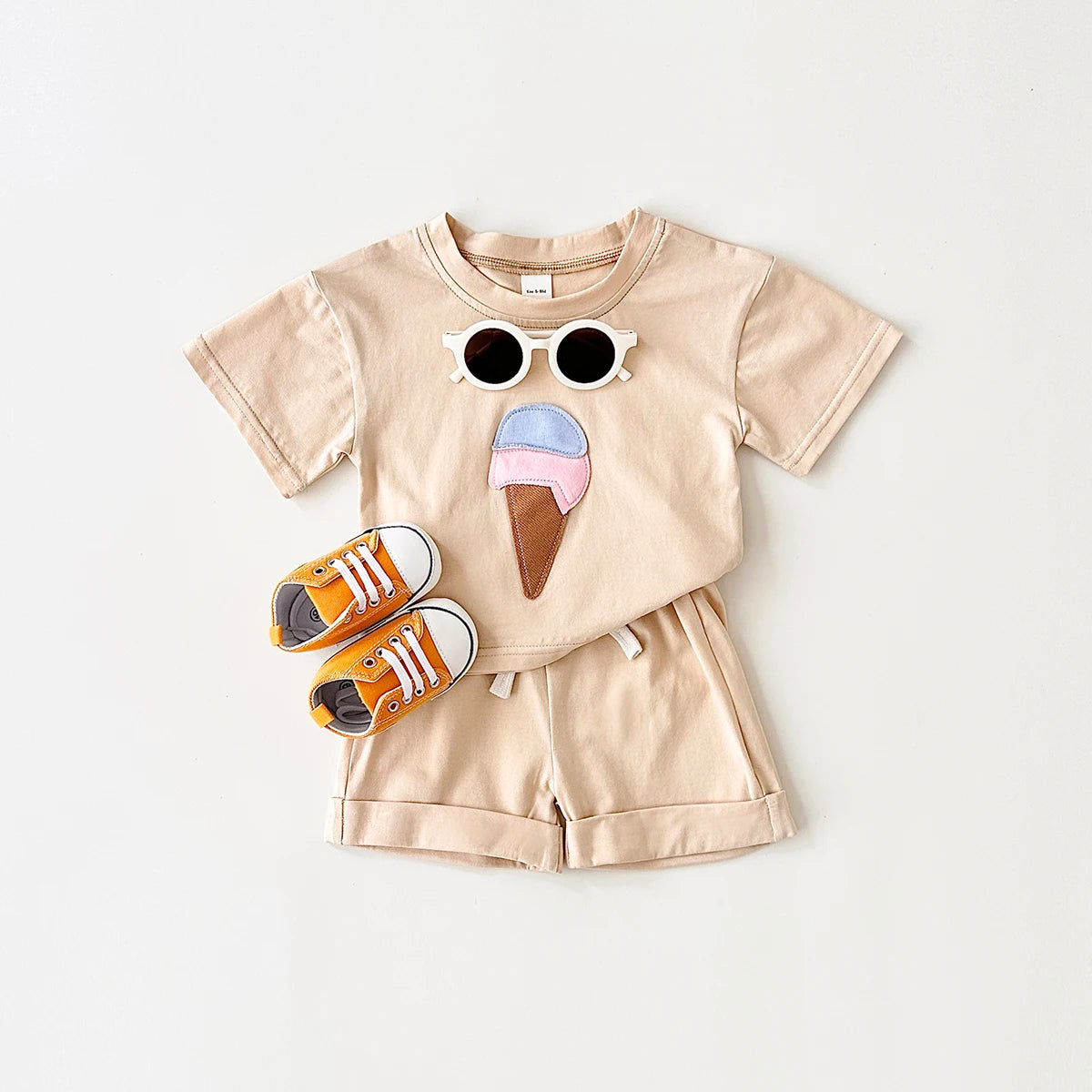 Khaki - Ice Cream 2 Piece Set – Cotton Tee & Shorts Baby Stork