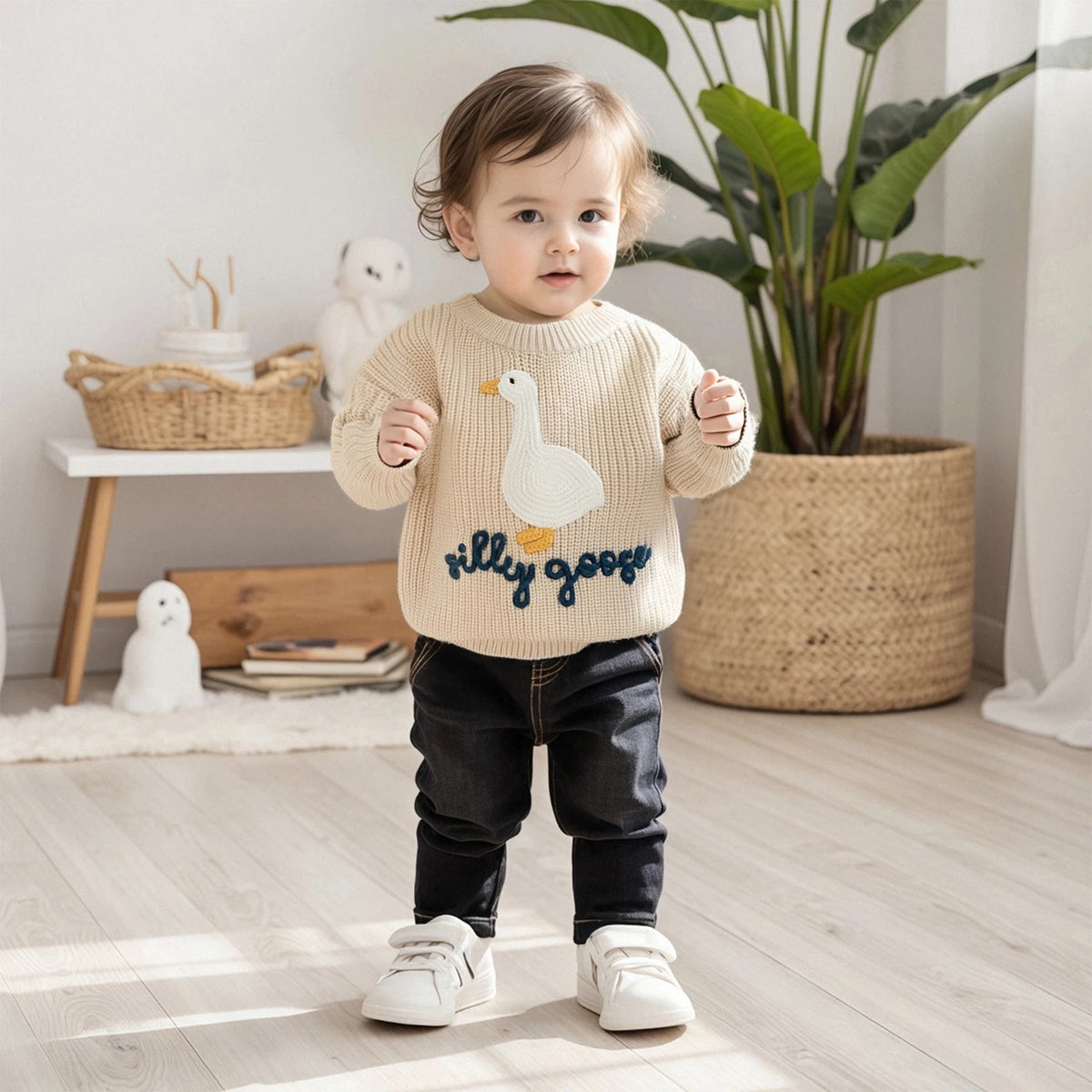Goose Knit Baby Jumper | Embroidered Cotton Blend Toddler Sweater