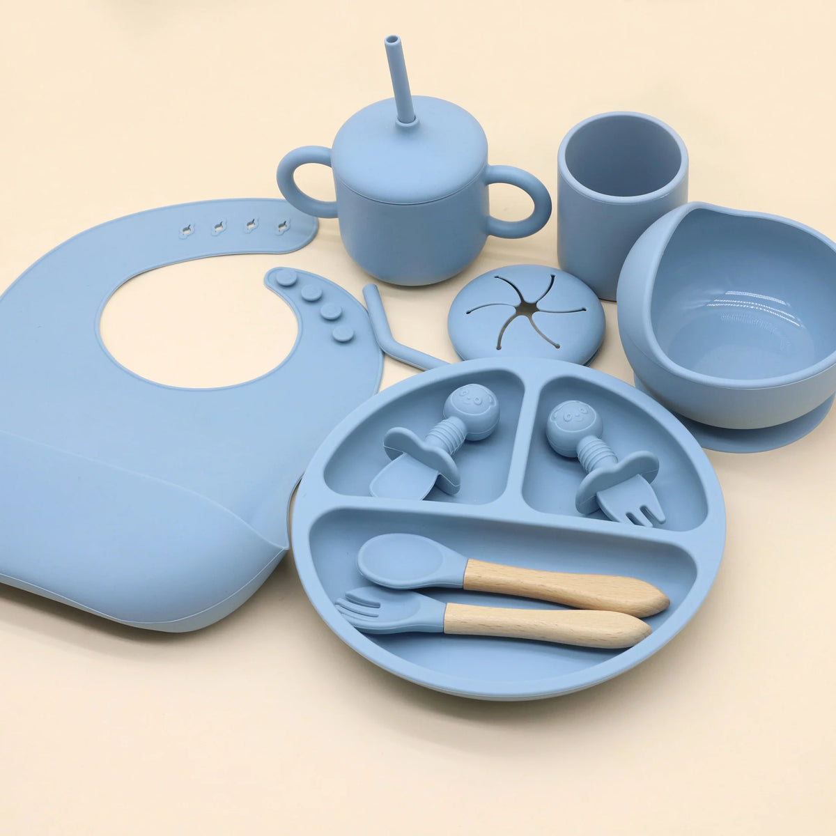 Silicone Feeding Set with Bib, Plate, Bowl &amp; Snack Cup