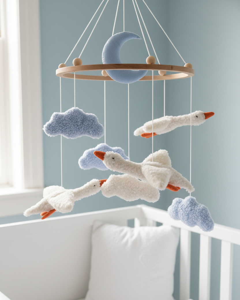 Goose Baby Mobile | Bouclé Goose Nursery Mobile with Clouds &amp; Moon