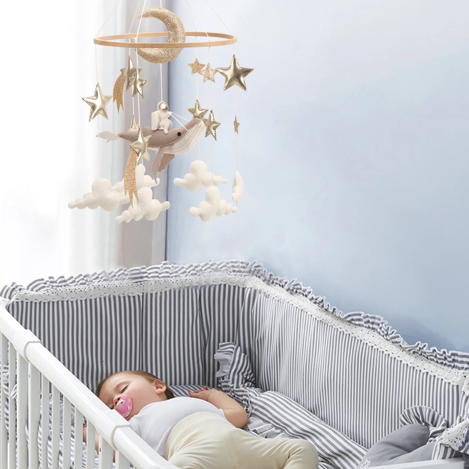 🌙 Space Whale Baby Mobile – Nautical Nursery Decor with Stars, Moon &amp; Clouds