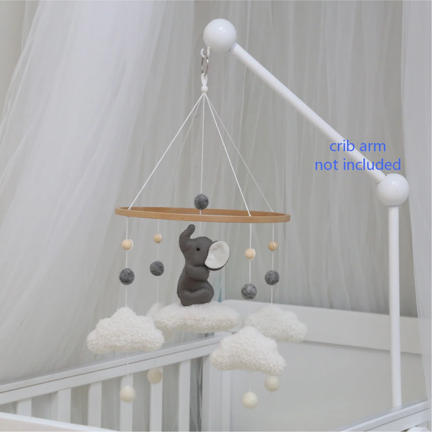 Elephant Baby Mobile with Bouclé Clouds | Neutral Nursery Decor