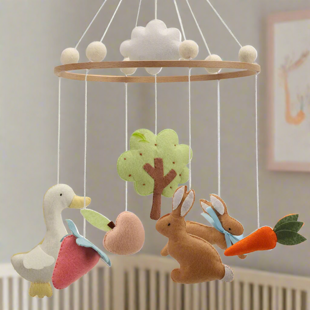 - Bunny & Farm Friends Felt Baby Mobile – Woodland Nursery Cot Mobile Baby Stork Baby Mobile