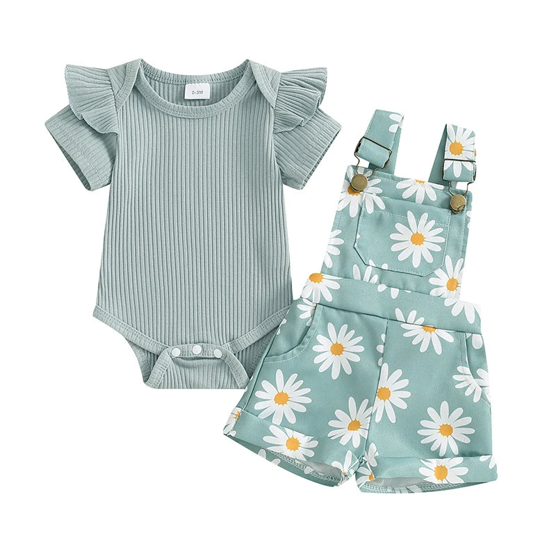 Green - Daisy Delight Suspender Shorts Set Baby Stork