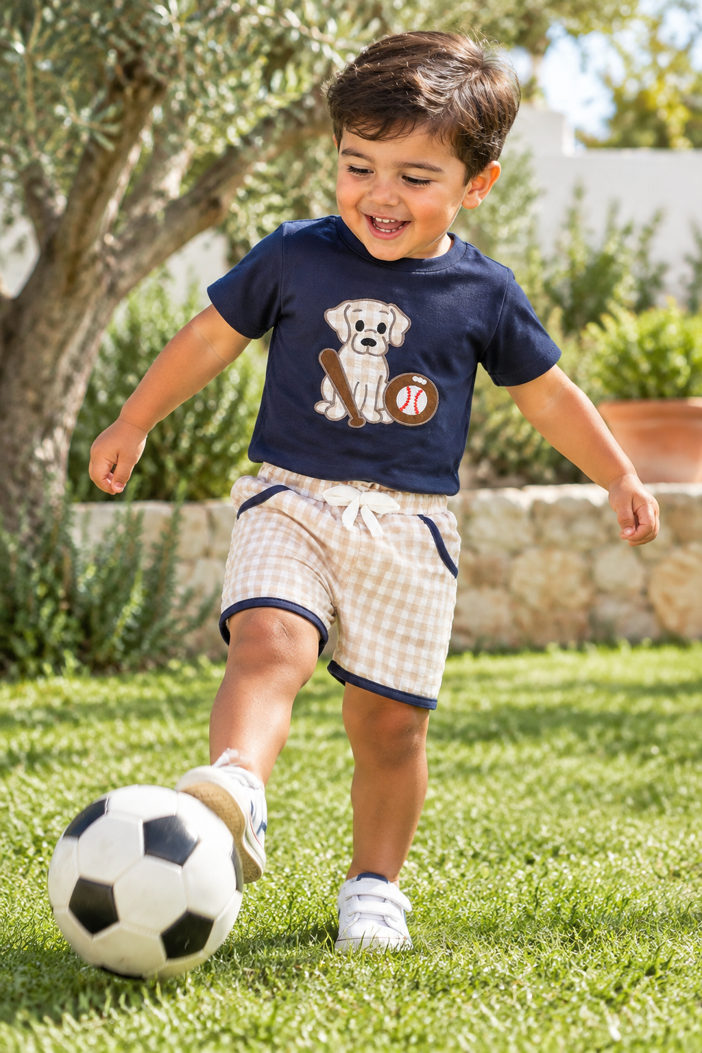 Dog &amp; Baseball Top with Checked Shorts Set