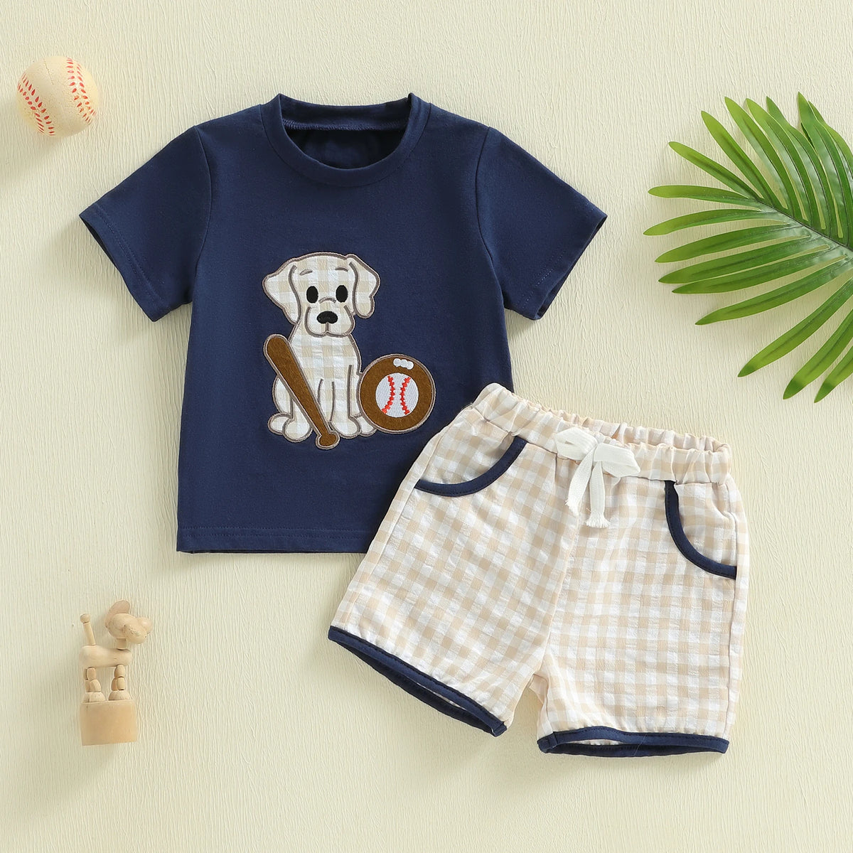 Dog &amp; Baseball Top with Checked Shorts Set