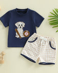 Dog & Baseball Top with Checked Shorts Set