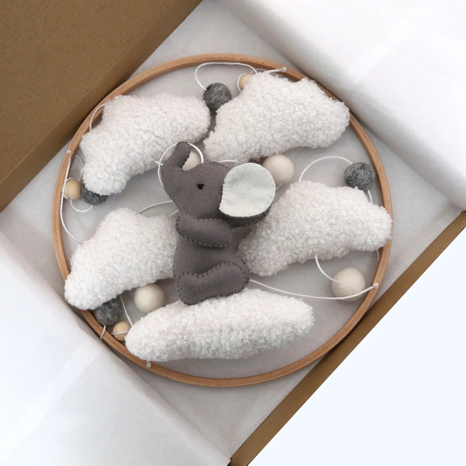 Elephant Baby Mobile with Bouclé Clouds | Neutral Nursery Decor