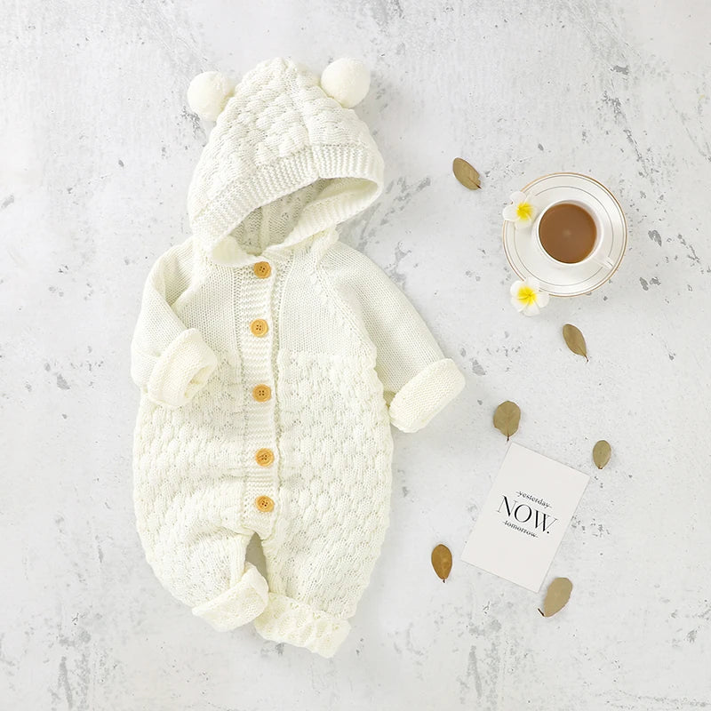 Cream - Baby Bear Hooded Knit Jumpsuit Baby Stork