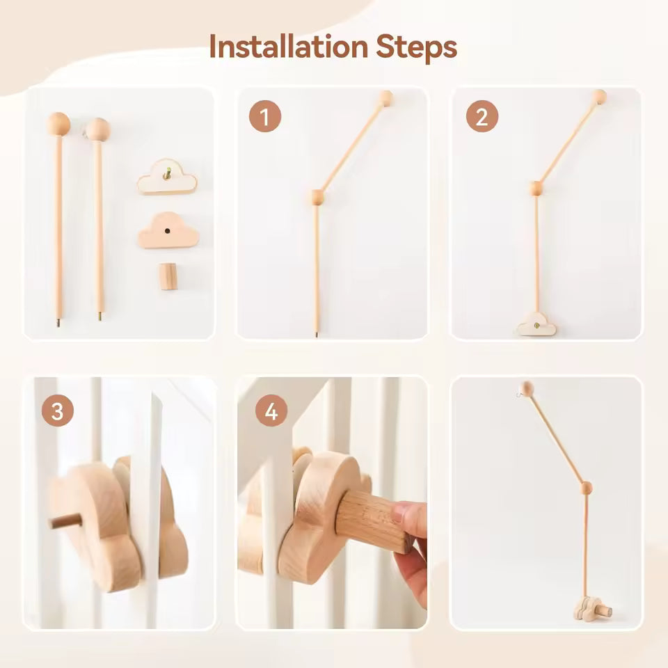 - Wooden Cot Arm - Wood Cloud Design Baby Stork Baby Mobile
