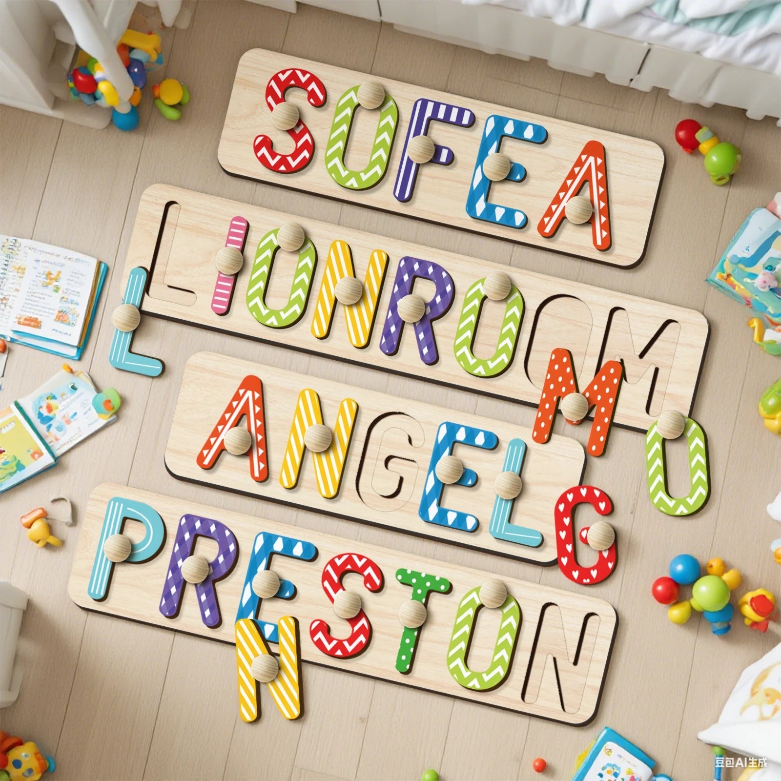 - Custom Wooden Name Puzzle with Pegs – Colourful Letters Baby Stork