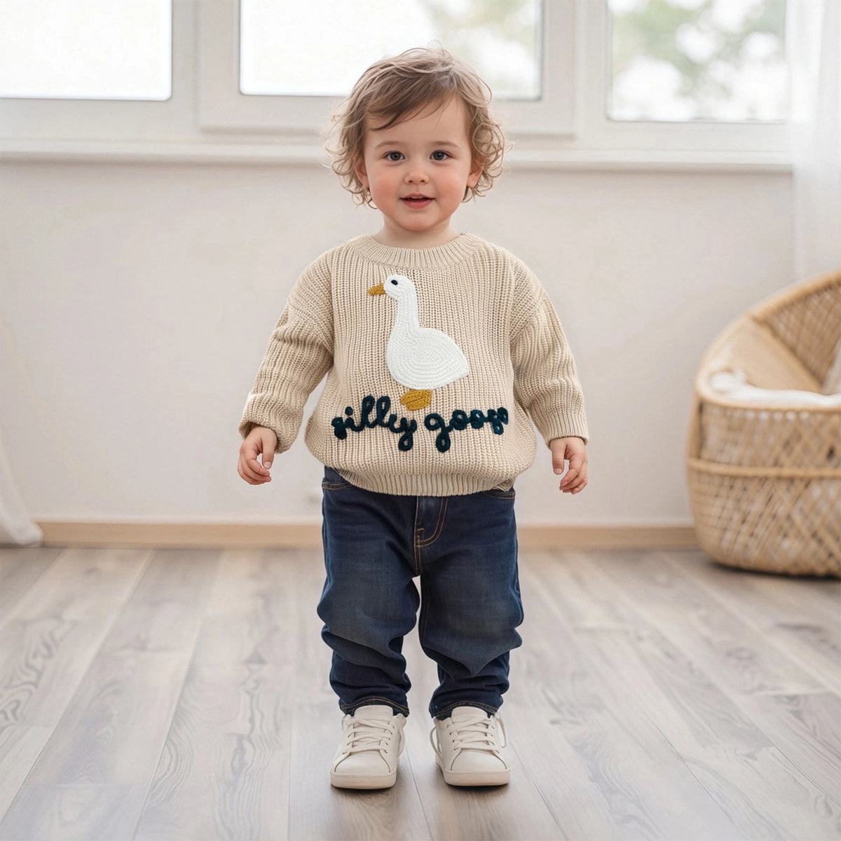 Goose Knit Baby Jumper | Embroidered Cotton Blend Toddler Sweater