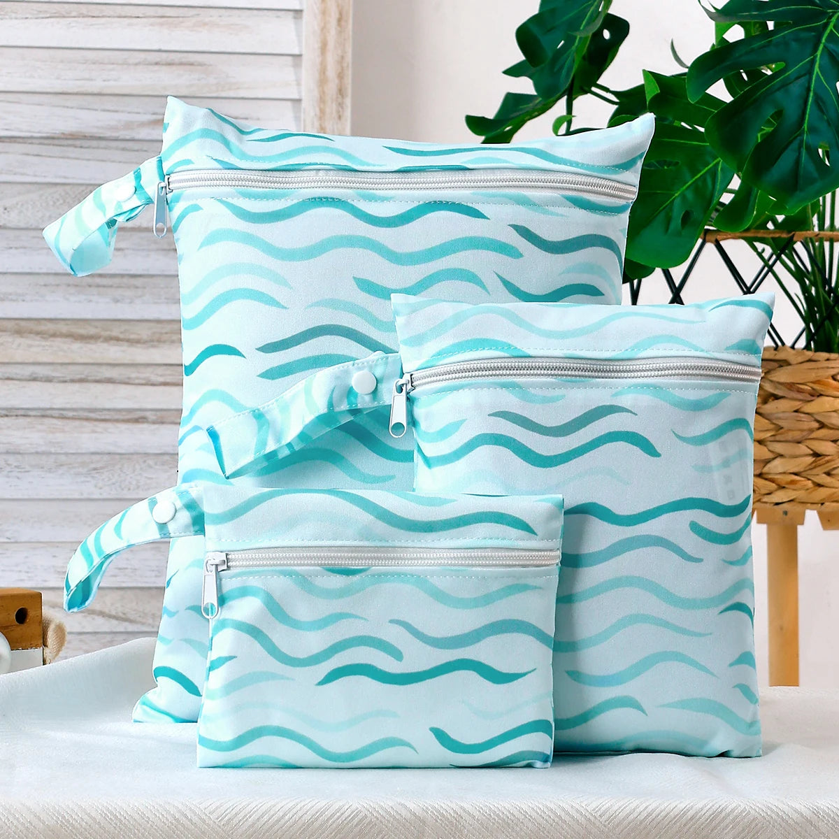 Waves - 3 Piece Reusable Waterproof Baby Wet Bag Set – Multi-Size, 6 Cute Designs Baby Stork