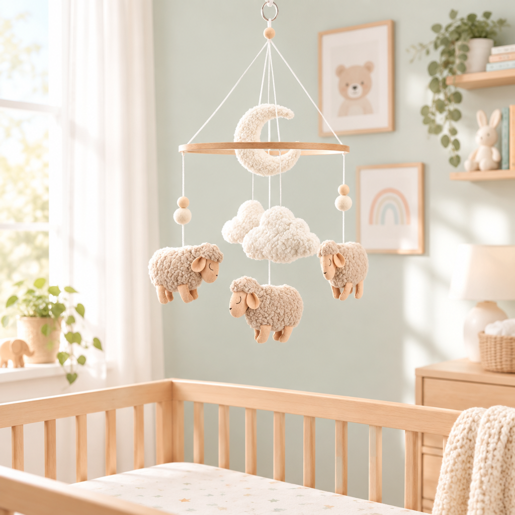 - Sheep & Bouclé Clouds Cot Mobile - Cream & Beige AE