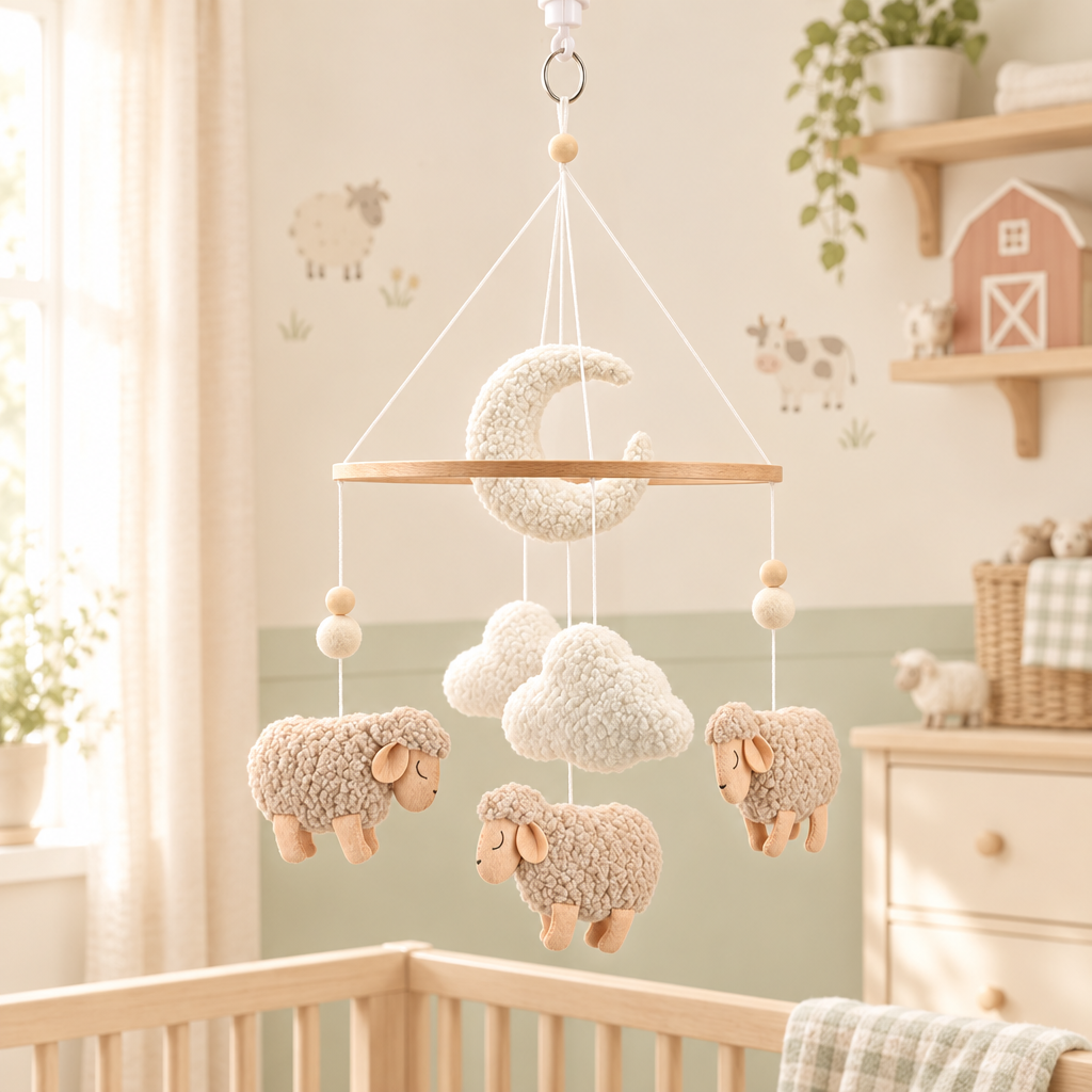 - Sheep & Bouclé Clouds Cot Mobile - Cream & Beige AE