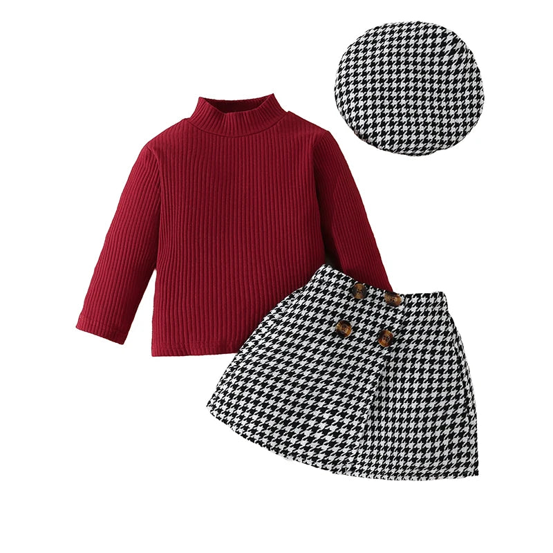 Red - Houndstooth Baby & Toddler Skirt Outfit with Beret Baby Stork