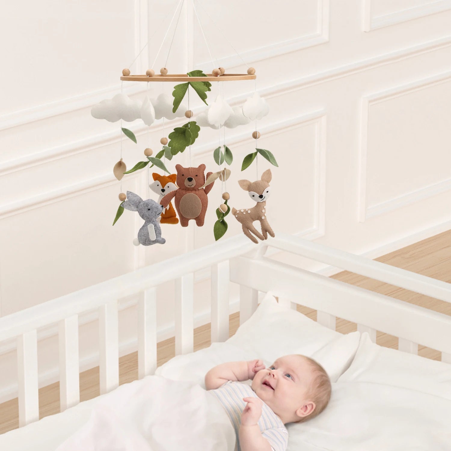 - Woodland Baby Mobile – Bear, Fox, Bunny & Deer Baby Stork