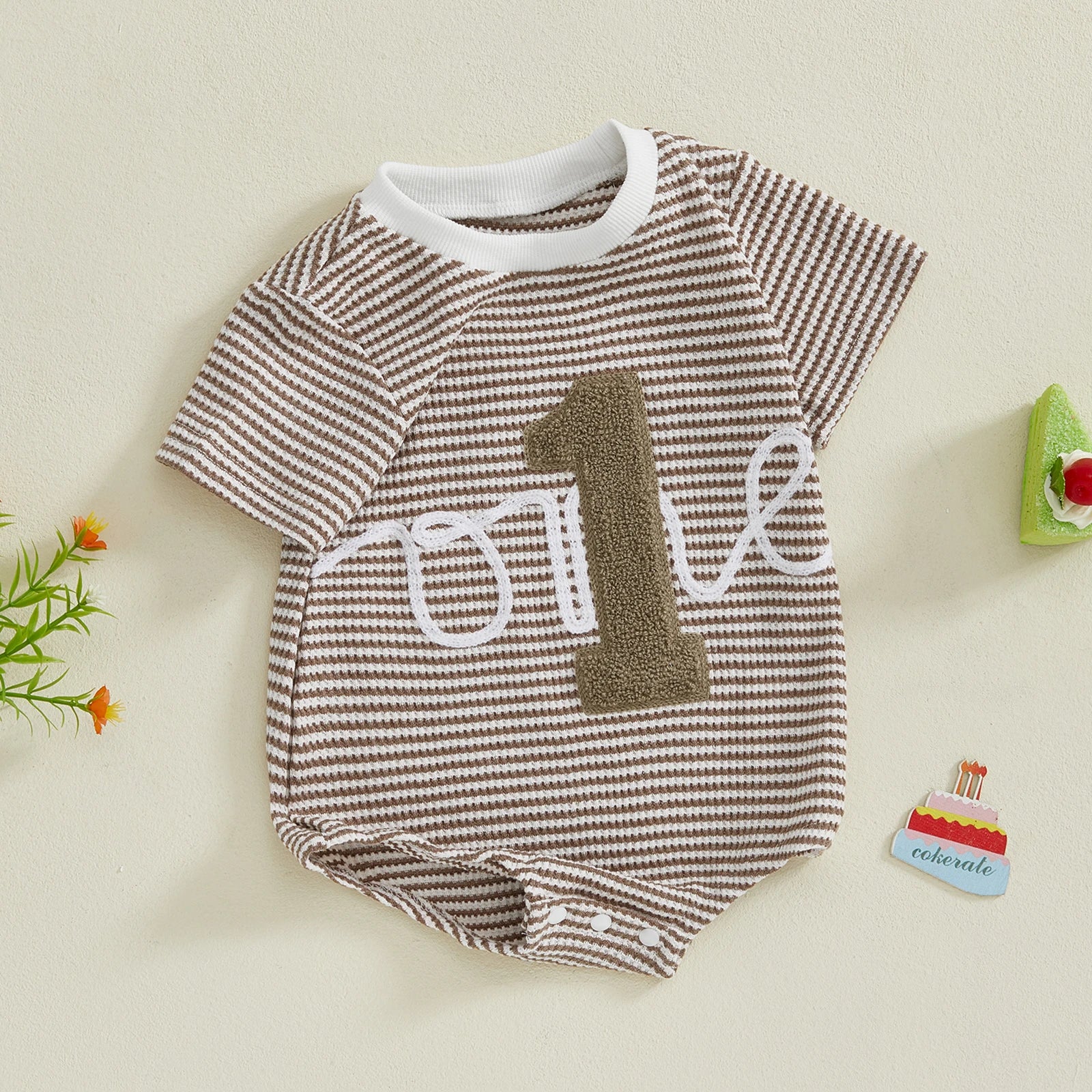 Khaki - “One” First Birthday Romper Baby Stork