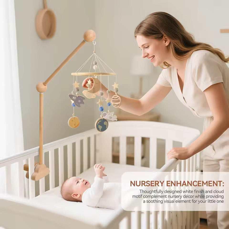 - Wooden Cot Arm - Wood Cloud Design Baby Stork Baby Mobile