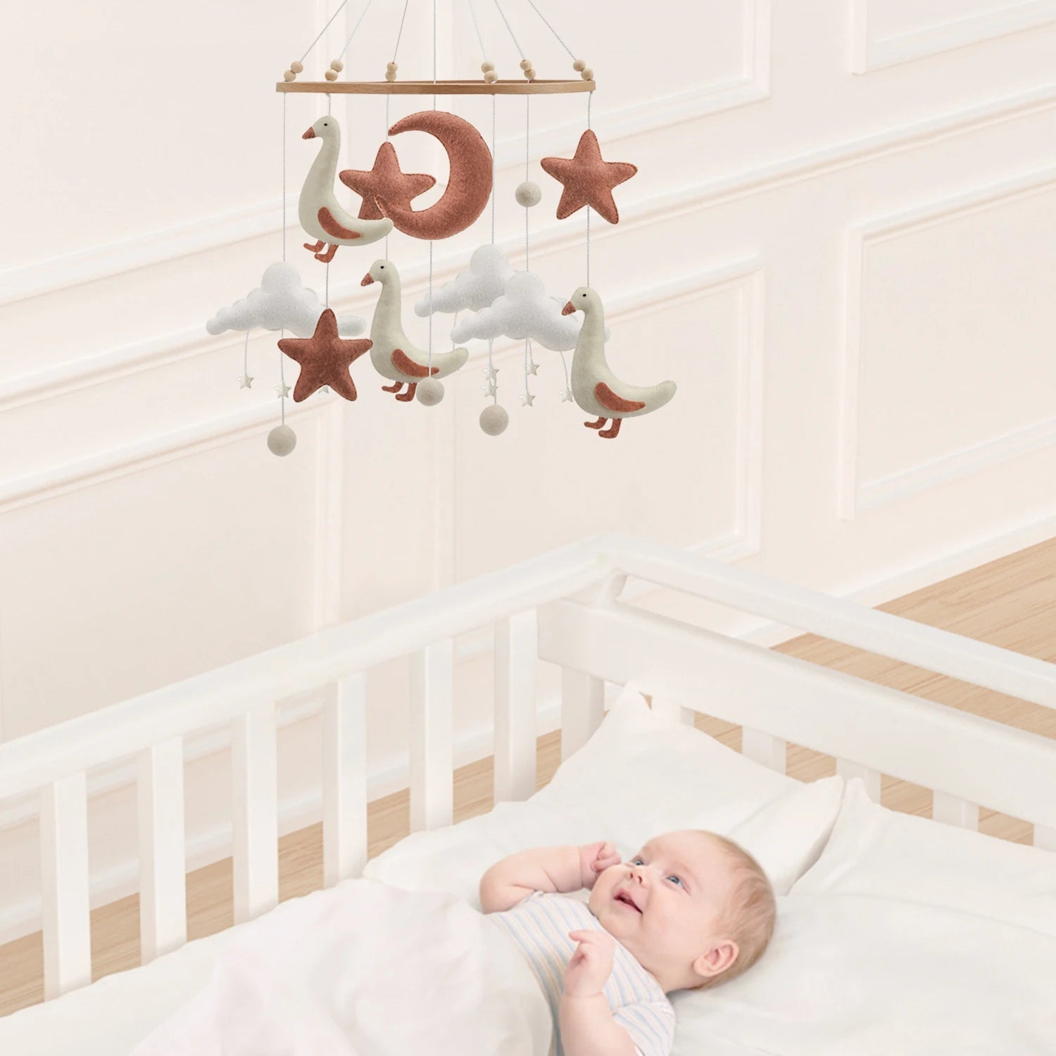 - Goose & Moon Baby Mobile – Felt Nursery Mobile with Clouds & Stars | Handmade Crib Décor Baby Stork Baby Mobile