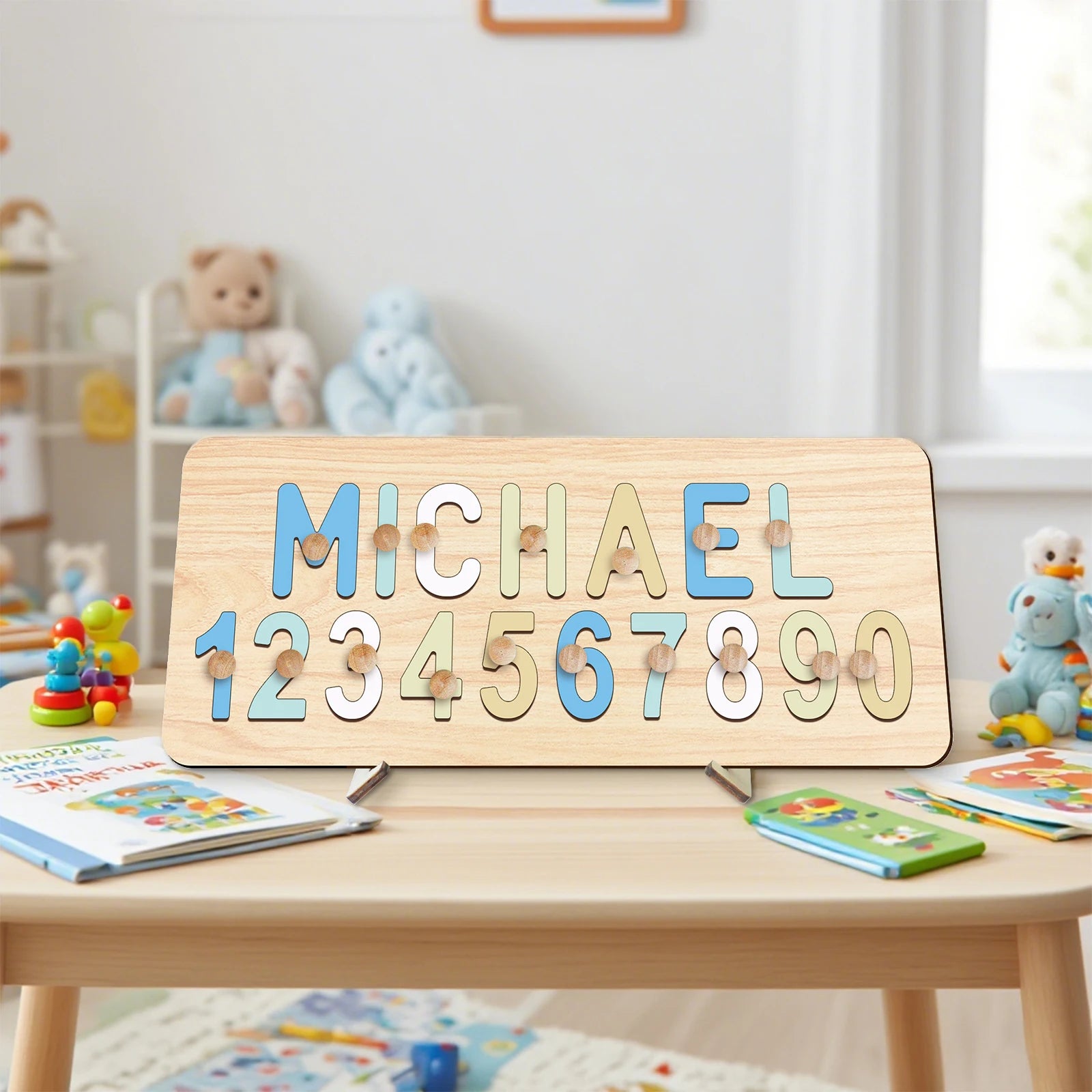 Soft Pastels With Stand - Custom Wooden Name & Number Puzzle – Personalised Educational Toy Baby Stork