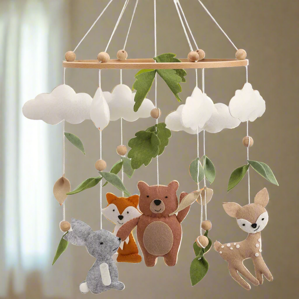 - Woodland Baby Mobile – Bear, Fox, Bunny & Deer Baby Stork