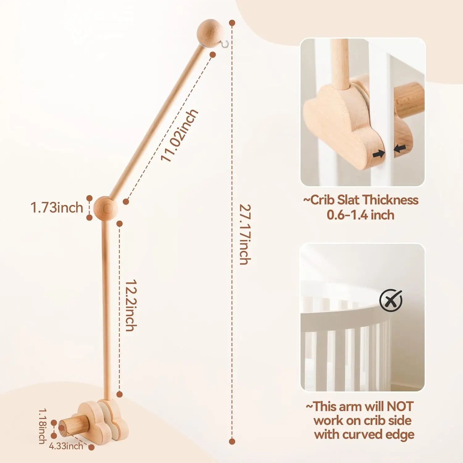 - Wooden Cot Arm - Wood Cloud Design Baby Stork Baby Mobile