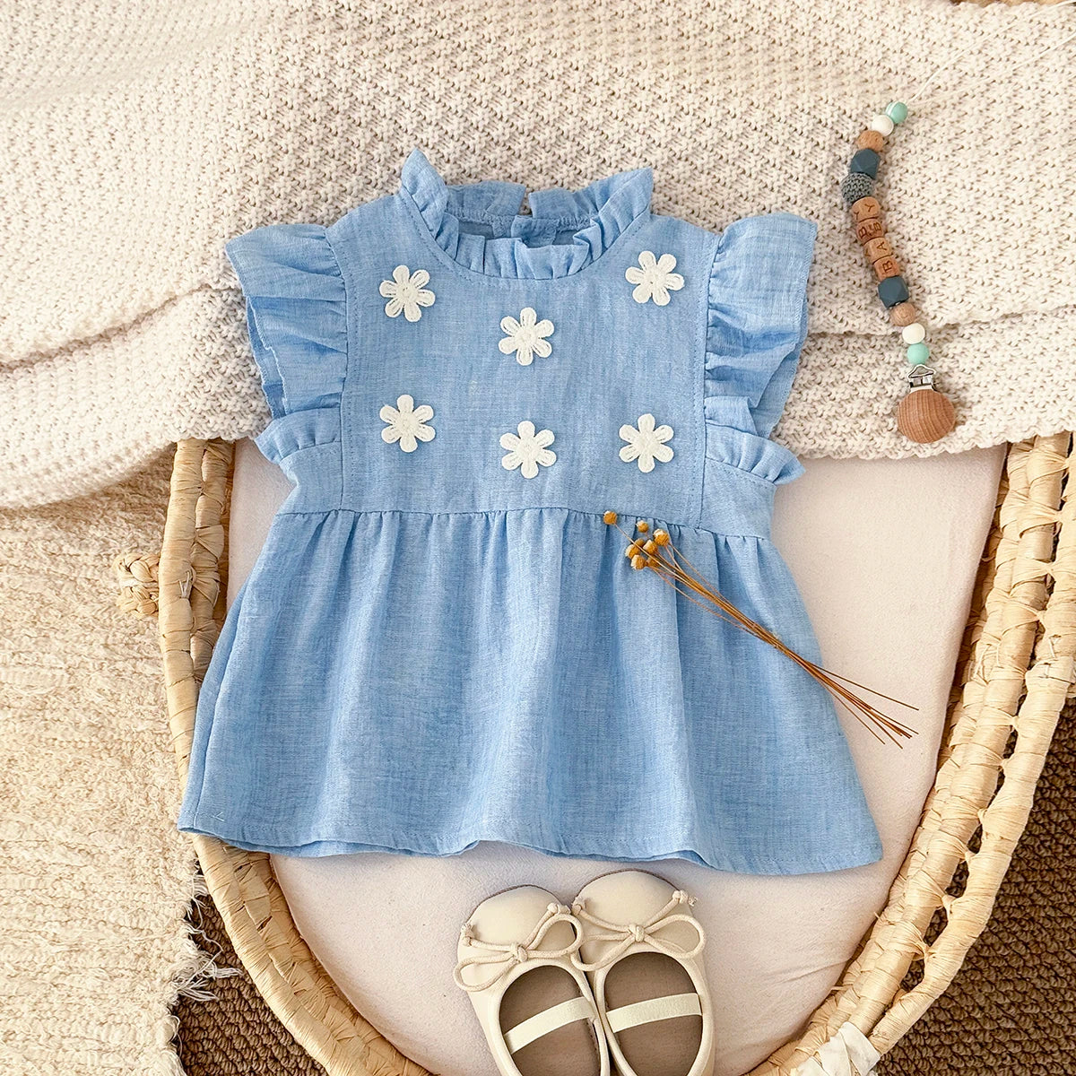 - Blue Daisy Flutter Dress – Sweet Ruffle Detail Baby Stork