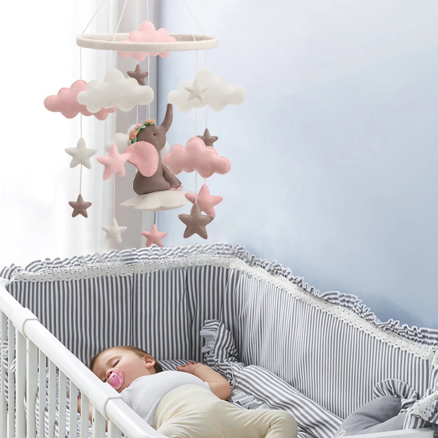 - Pink Elephant Cloud Baby Mobile – Whimsical Nursery Décor Baby Stork