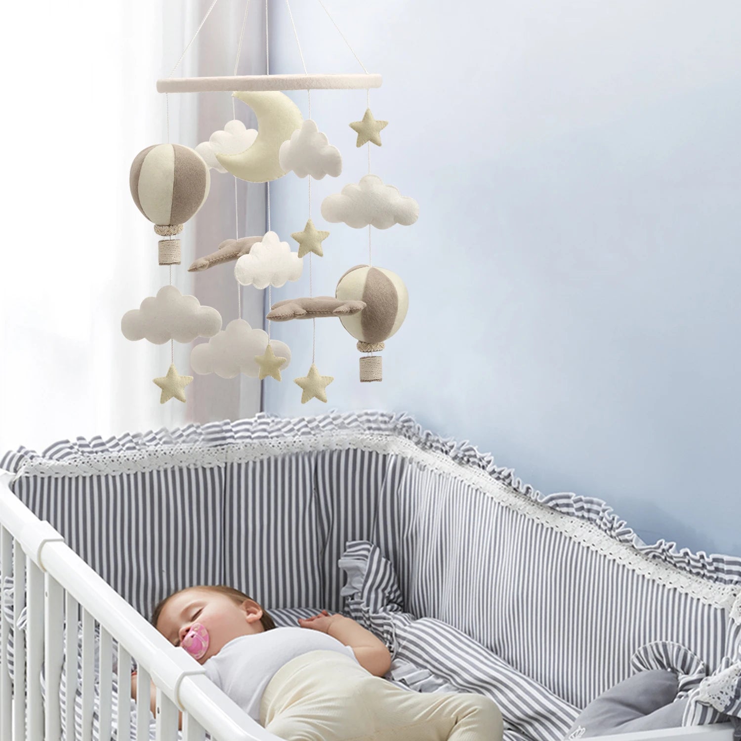 - Felt Hot Air Balloon & Airplane Mobile – Neutral Sky Theme Baby Stork
