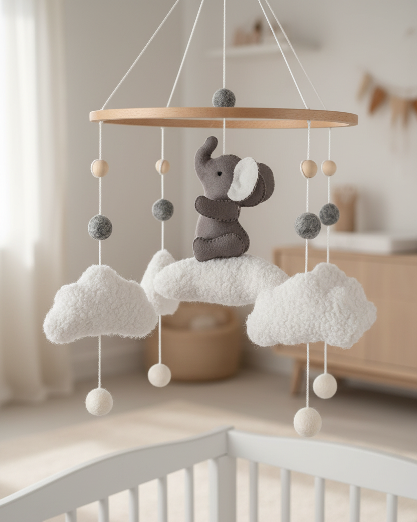 Elephant Baby Mobile with Bouclé Clouds | Neutral Nursery Decor