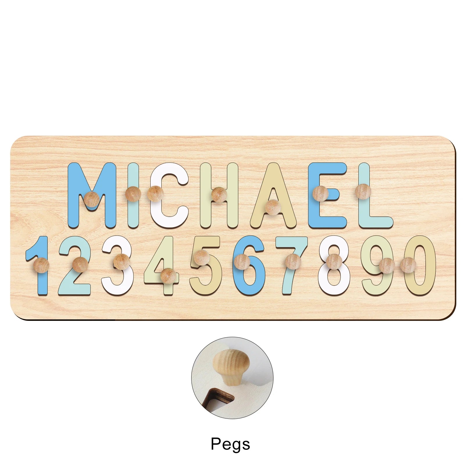 Soft Pastels With Pegs - Custom Wooden Name &amp; Number Puzzle – Personalised Educational Toy Baby Stork