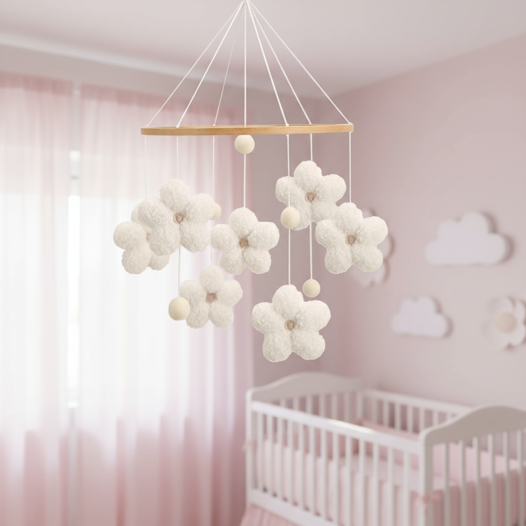 - Bouclé Flower Mobile – Soft Neutral Nursery Décor Baby Stork