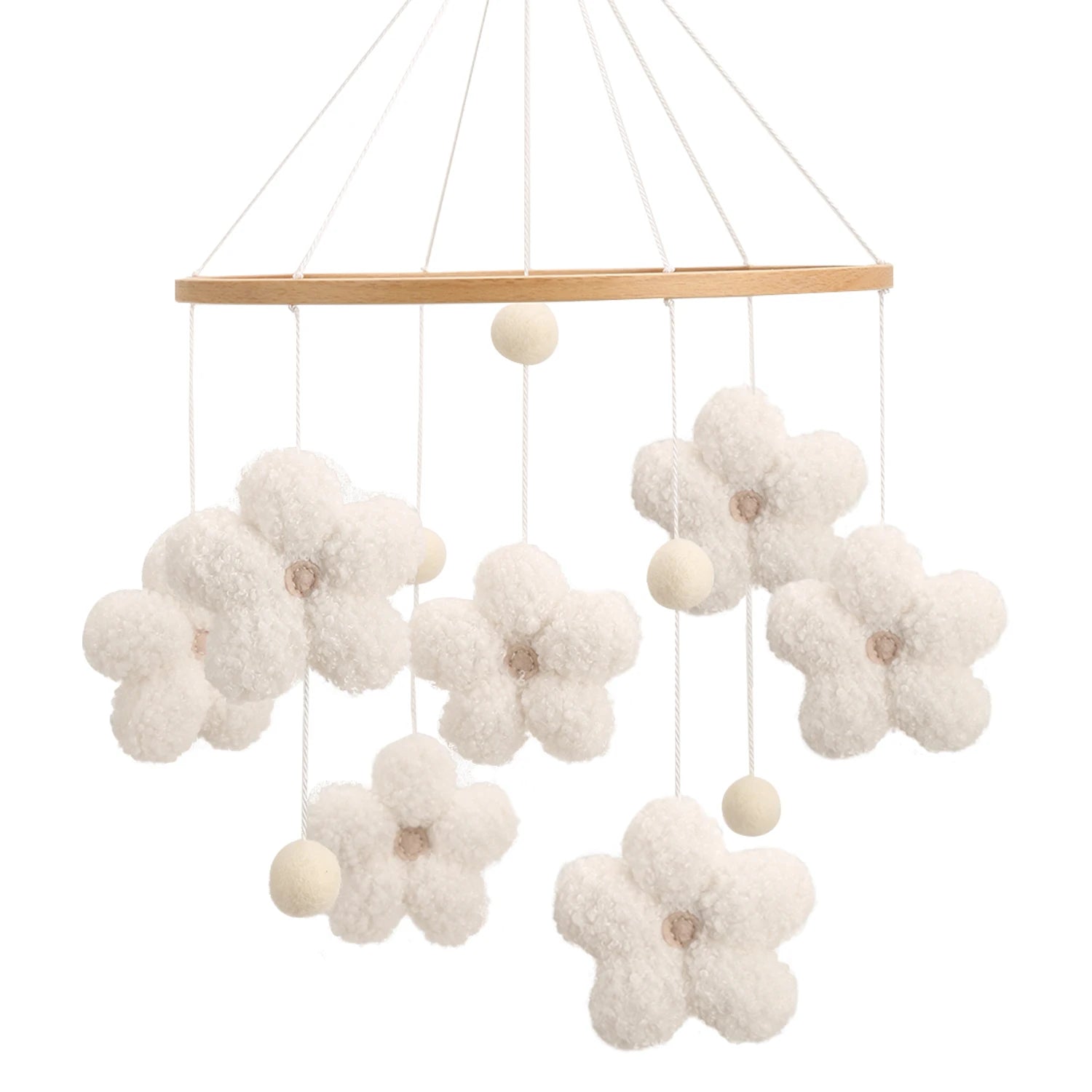 - Bouclé Flower Mobile – Soft Neutral Nursery Décor Baby Stork