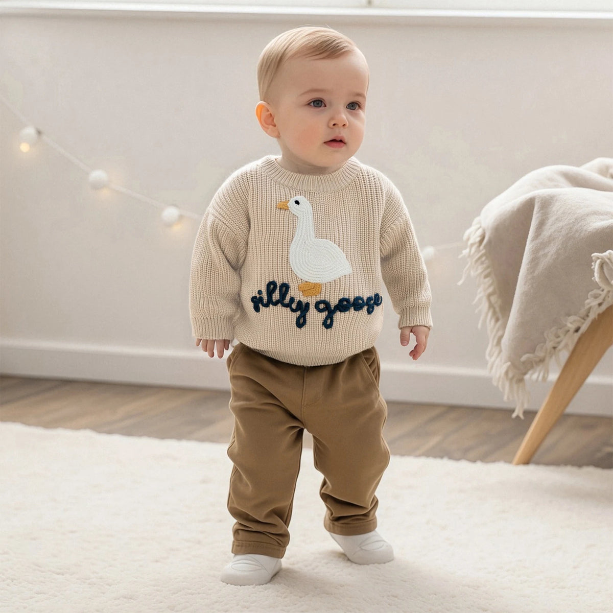Goose Knit Baby Jumper | Embroidered Cotton Blend Toddler Sweater