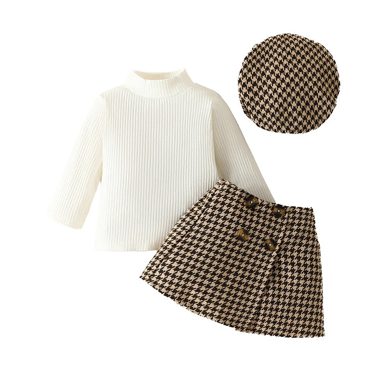 White - Houndstooth Baby & Toddler Skirt Outfit with Beret Baby Stork