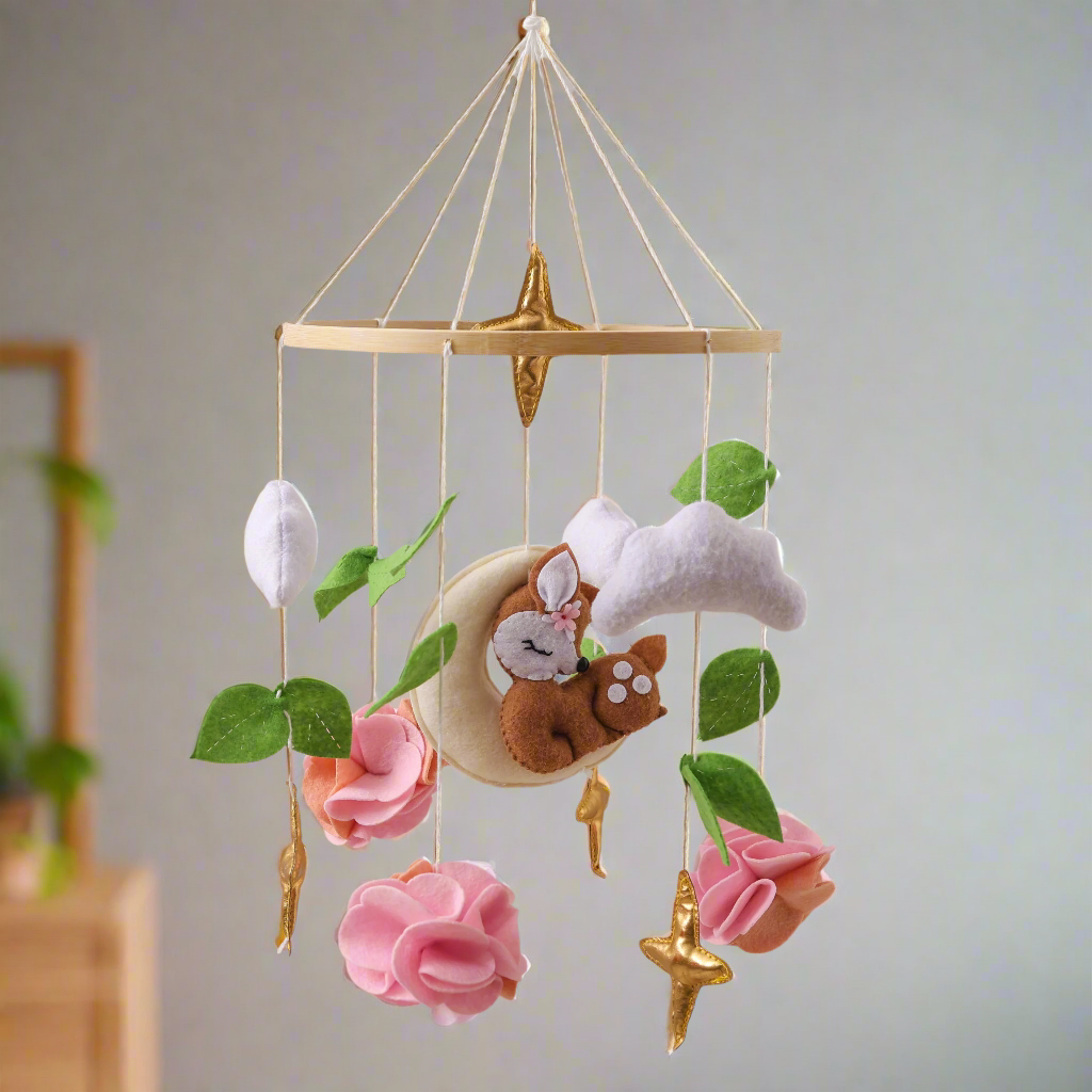 - Floral Deer Baby Mobile – Handmade Felt Cot Mobile with Flowers & Stars Baby Stork