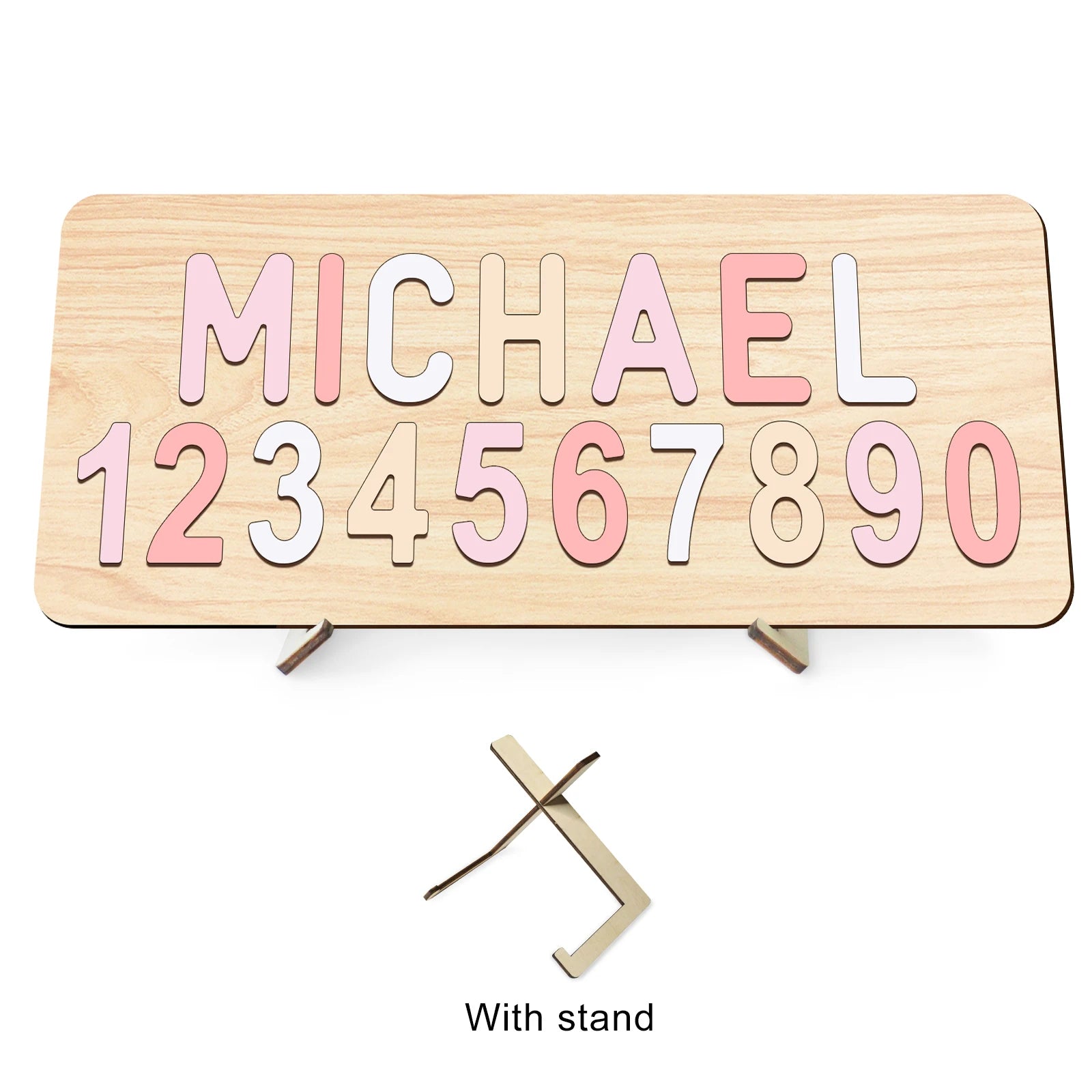Blush Dreams With Stand - Custom Wooden Name &amp; Number Puzzle – Personalised Educational Toy Baby Stork
