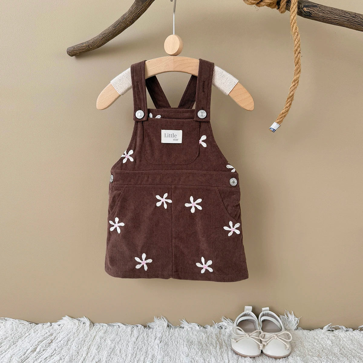 - Chocolate Corduroy Overall Dress – Embroidered Daisy Pinafore Baby Stork