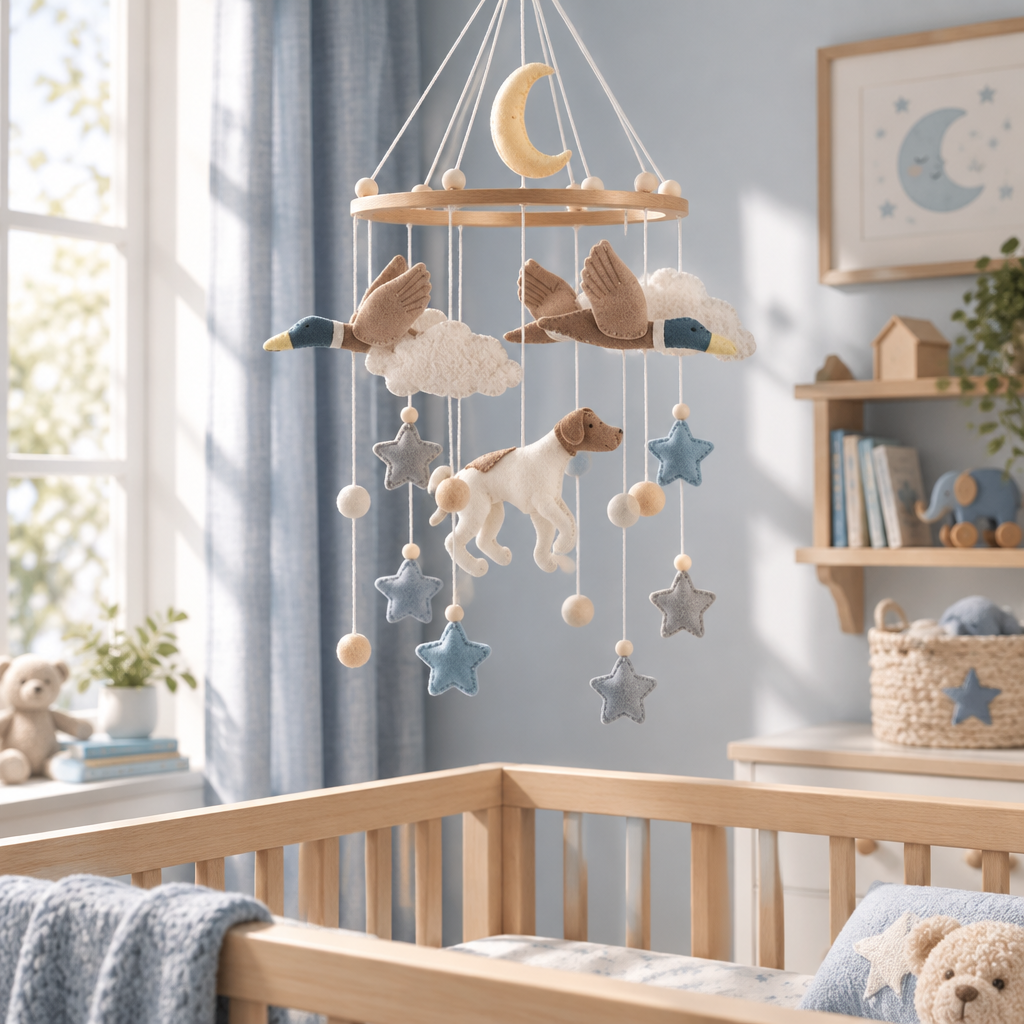 Dog &amp; Mallard Duck Felt Cot Mobile - Green &amp; Cream