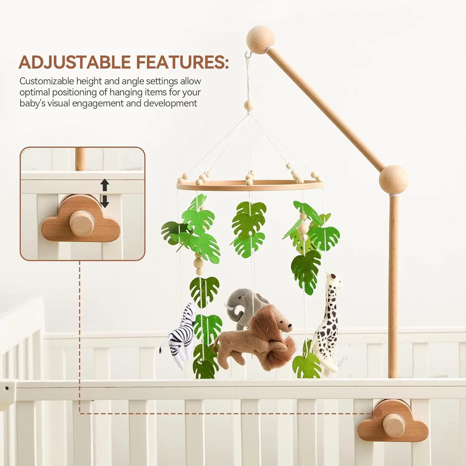 - Wooden Cot Arm - Wood Cloud Design Baby Stork Baby Mobile
